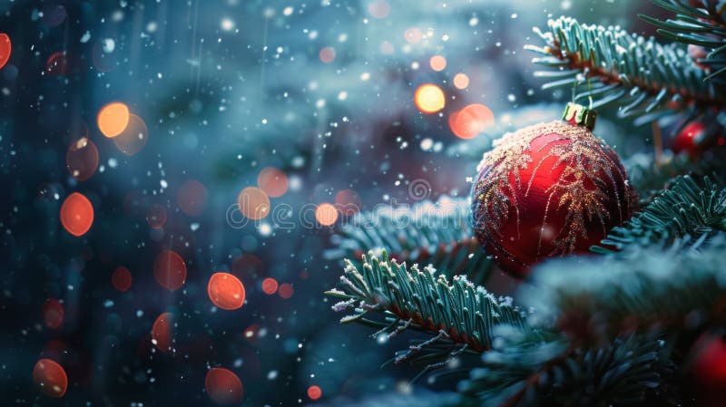 Festive christmas-träd med rött prydnadsljus och snösljus som gnistrar i bakgrunden stock illustrationer
