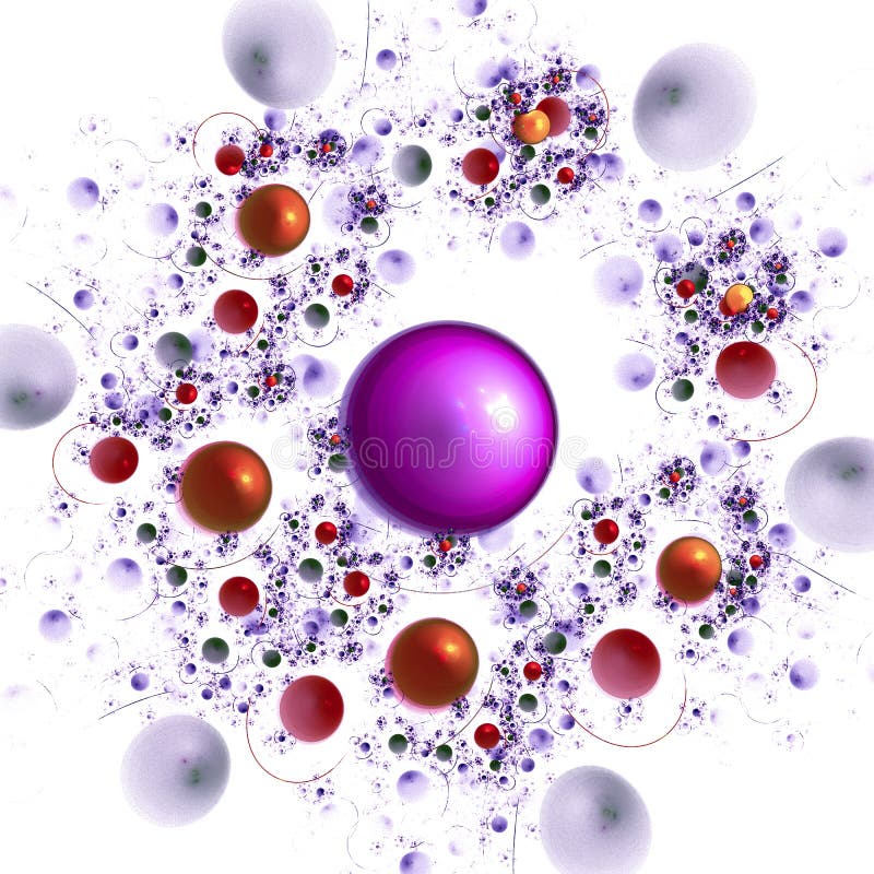 Festive colorful balloons of different sizes, spots and arcs are arranged around a large purple sphere on a white background. stock illustration