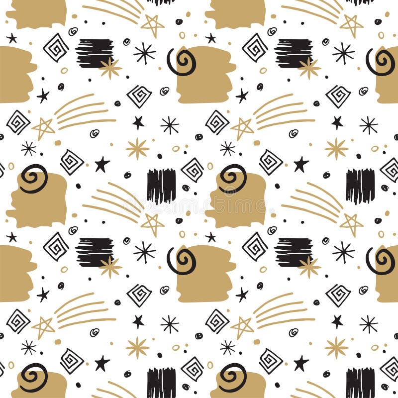 Festive Doodle Black and Gold Stars and Swirls on White Background Seamless Pattern stock illustratie Festive Doodle Black and Gold Stars and Swirls on White Background Seamless Pattern stock illustratie
