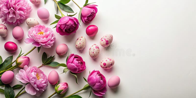 Festive Easter Silhouette Eggs with Pink Peonies A Flat Lay Design for Spring Celebrations vector illustration