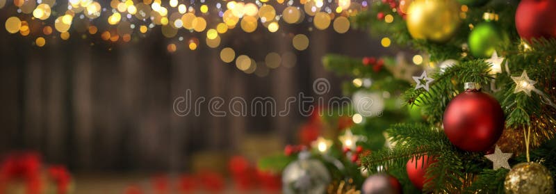 Festive elegant Christmas scene with closeup of decorated tree