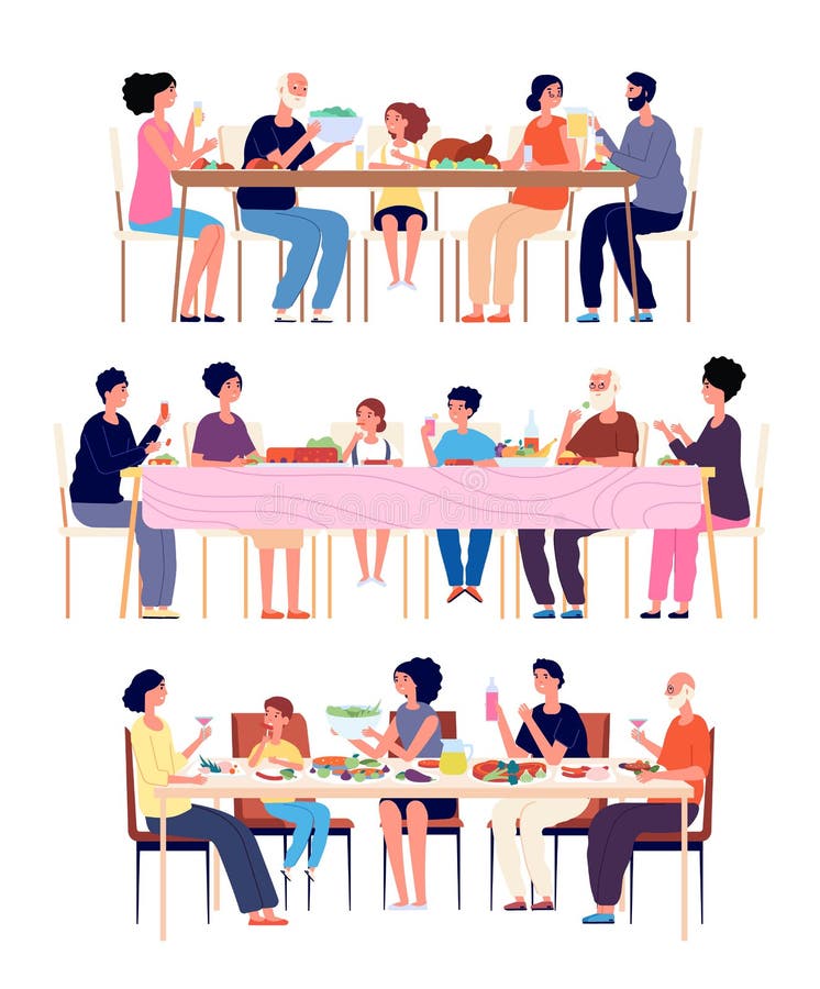 Festive family dinner. Adults eat, holiday dining parents. Eating and drinking. Home lunch, generations traditions vector concept. Woman and man eating at table with grandmother and kids illustration. Festive family dinner. Adults eat, holiday dining parents. Eating and drinking. Home lunch, generations traditions vector concept. Woman and man eating at table with grandmother and kids illustration