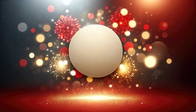Festive Fireworks Display with Blank Circle for Text, royalty free illustration.