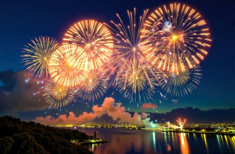 Festive fireworks over the bay in the night sky. Fireworks in honor of the New Year vector illustration