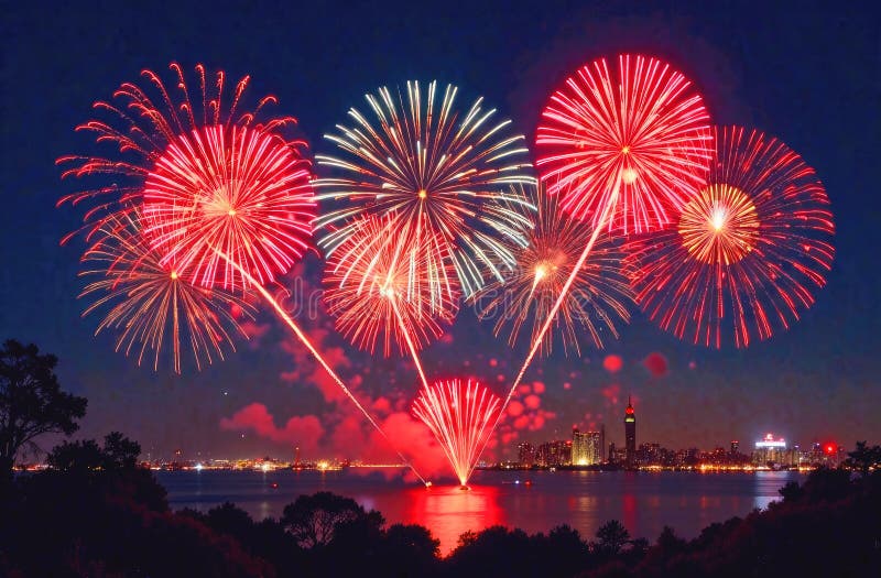 Festive fireworks over the bay in the night sky. Fireworks in honor of the New Year royalty free illustration