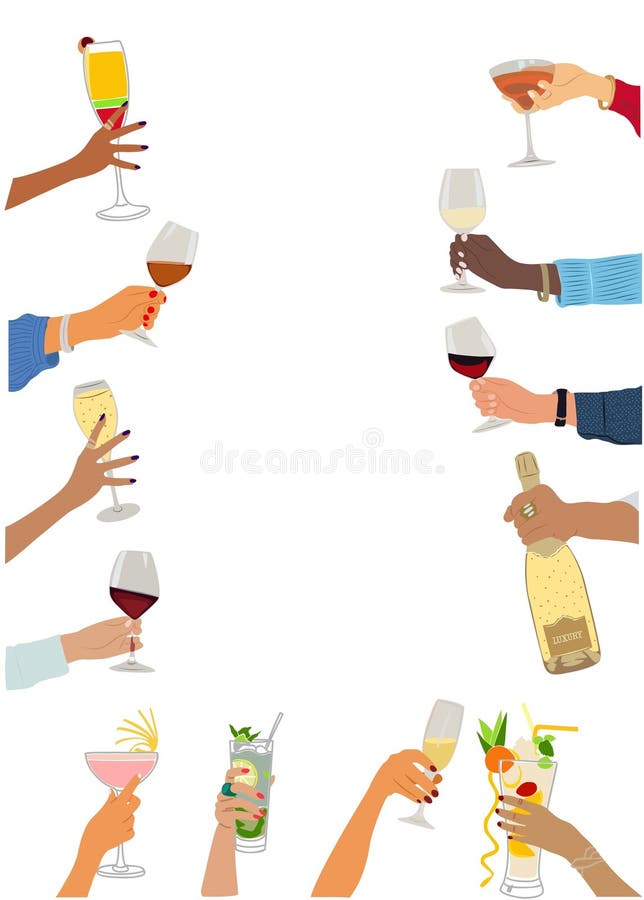 Festive frame with different hands holding drinks. stock illustration