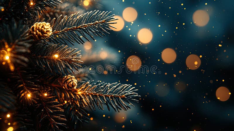 Close-up of Glittering Christmas Tree Branch with Warm Lights and Bokeh Background