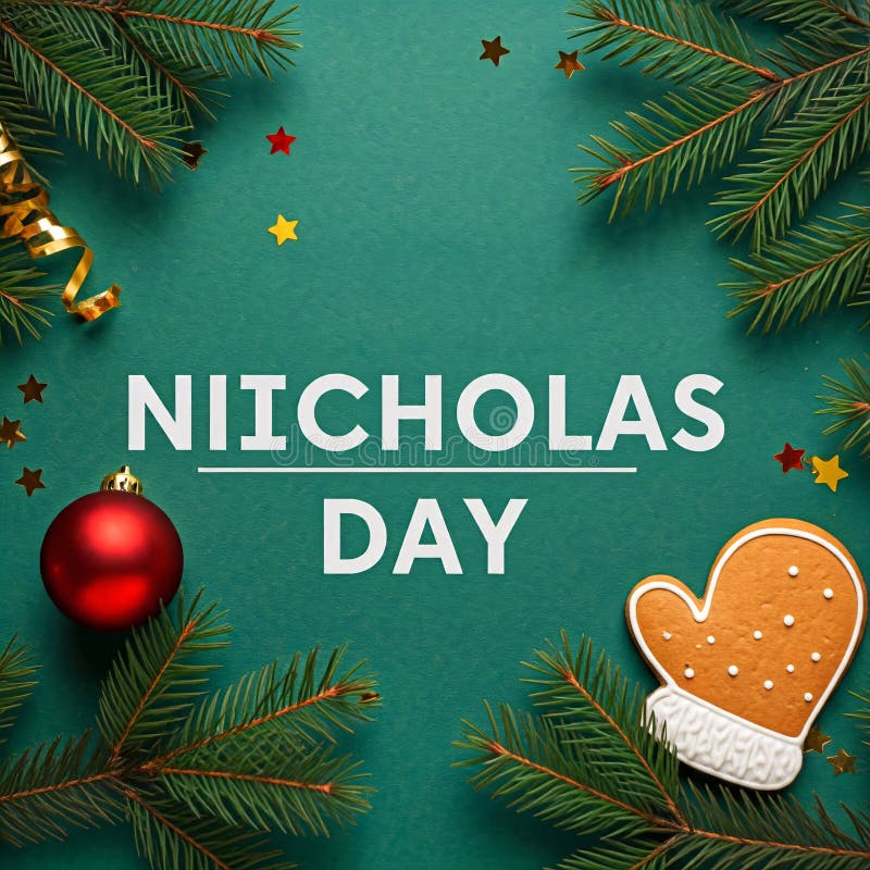 Festive green background with pine branches, a red ornament, a gingerbread mitten, and text ST NICHOLAS DAY. Generative AI.