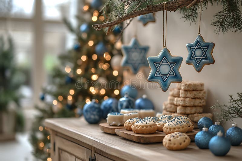 Festive hanukah cookies and christmas tree decor royaltyfri illustrationer