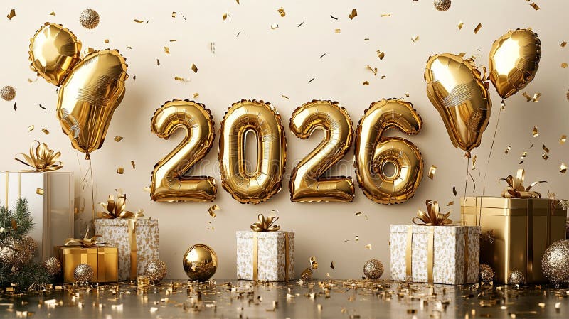 Festive Happy New Year 2026 Greeting Card Fire Flame and Sparkling Fireworks with Gift Box royalty free illustration