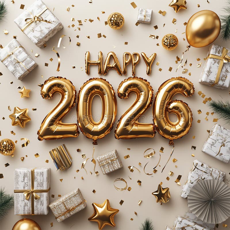 Festive Happy New Year 2026 Greeting Card with Sparkling Fireworks and Decorative Gift Box stock illustration