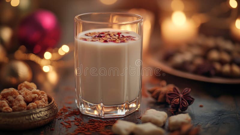 Festive Holiday Milk Drink With Festive Treats stock illustration