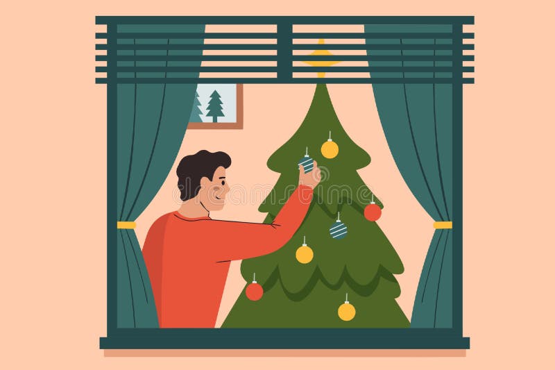 Festive illustration of man decorating christmas tree as seen through cozy window view royalty free illustration