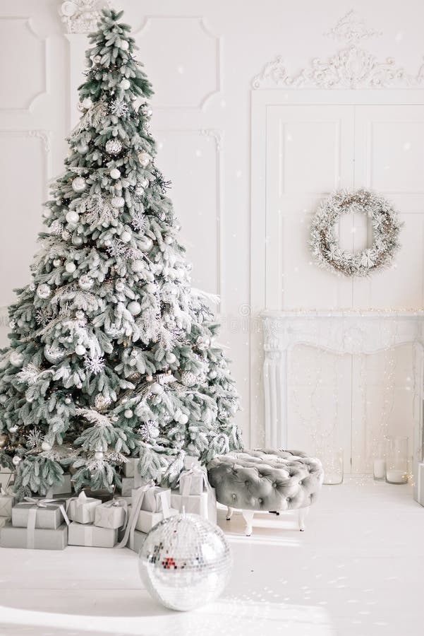 New Year Theme: Christmas Tree White and Silver Decorations Stock Image -  Image of bright, luxury: 86264129