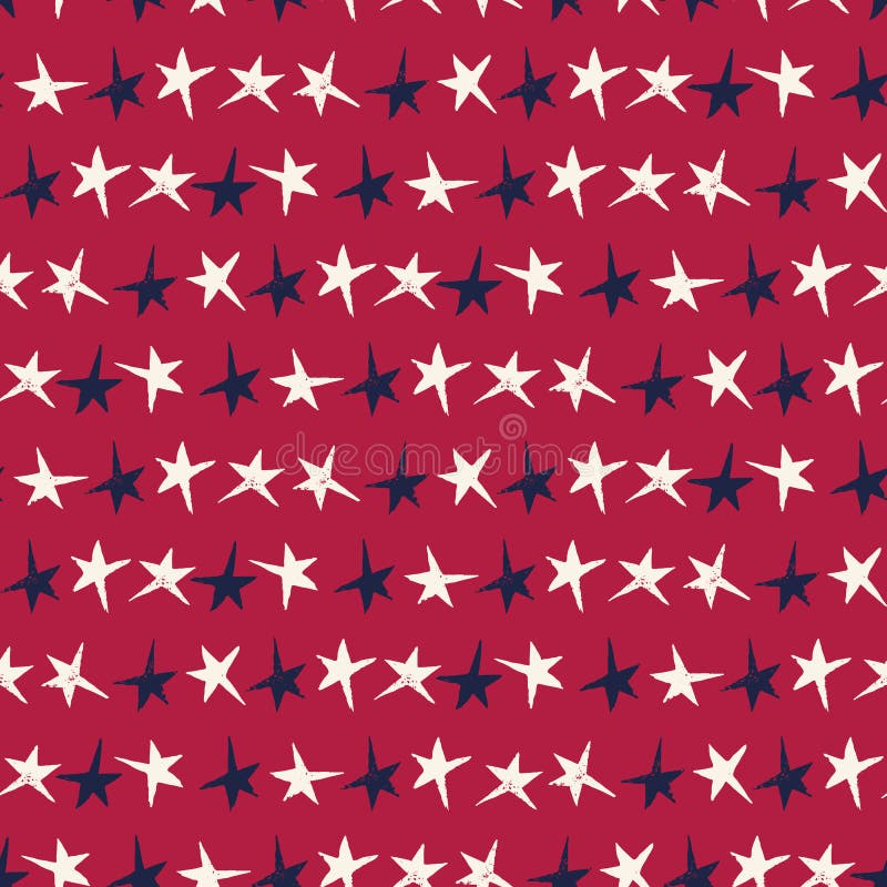 Festive Linocut Blue and White Small Stars on Red Background Vector Seamless Pattern. Hand Made Seamless Holiday Print