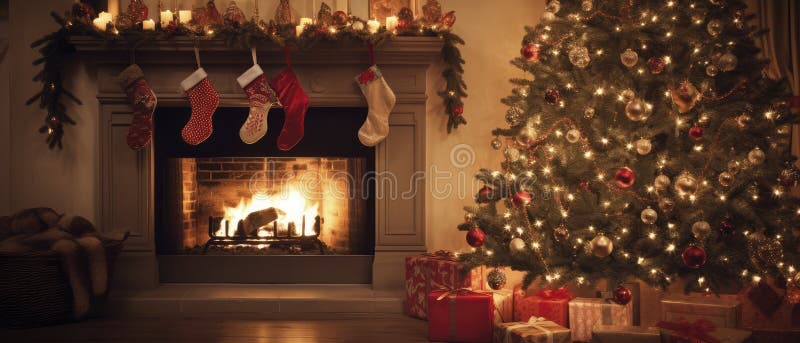 Festive Living Room with Christmas Tree and Fireplace Stock Image ...