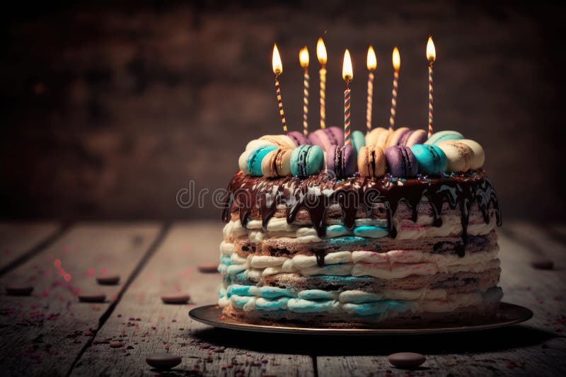 Festive Multilayer Birthday Cake with Candles Stands on Table Stock