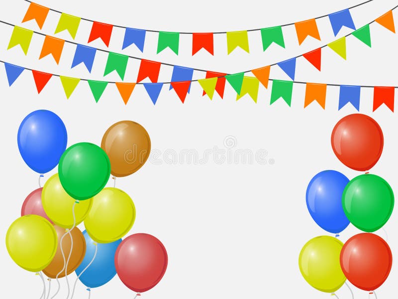 Festive multicolored colorful flags, garlands of Bunting isolated on white background with balloons. Vector template.