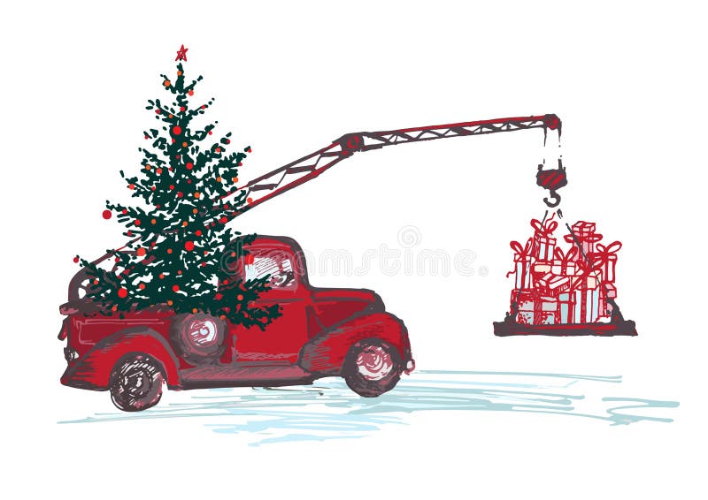 Festive New Year 2018 card. Red truck crane with fir tree decorated red balls and Christmas gifts isolated on white background royalty free illustration Festive New Year 2018 card. Red truck crane with fir tree decorated red balls and Christmas gifts isolated on white background royalty free illustration