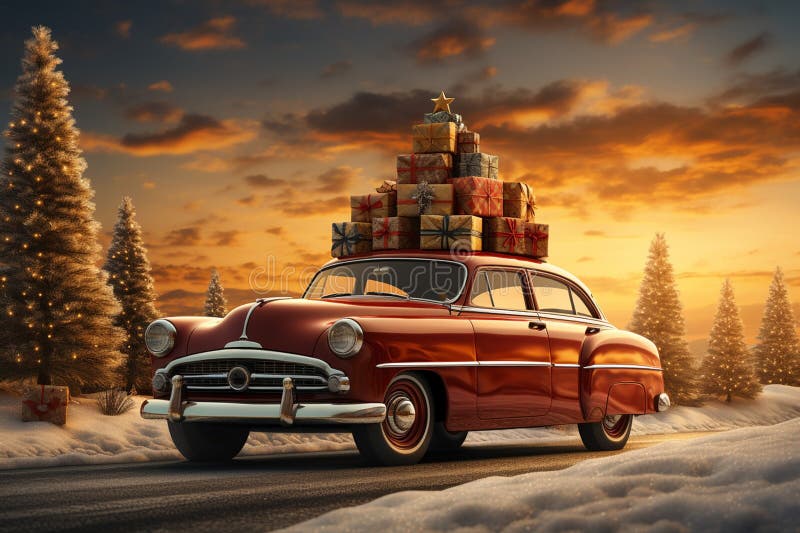 Slávnostné obrázok z auto a vianočný stromček na zasnežený.