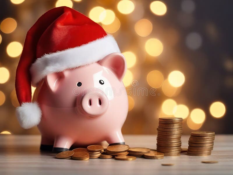 Festive Piggy Bank: Santa Hat and Coins on Table with Christmas Lights Background.