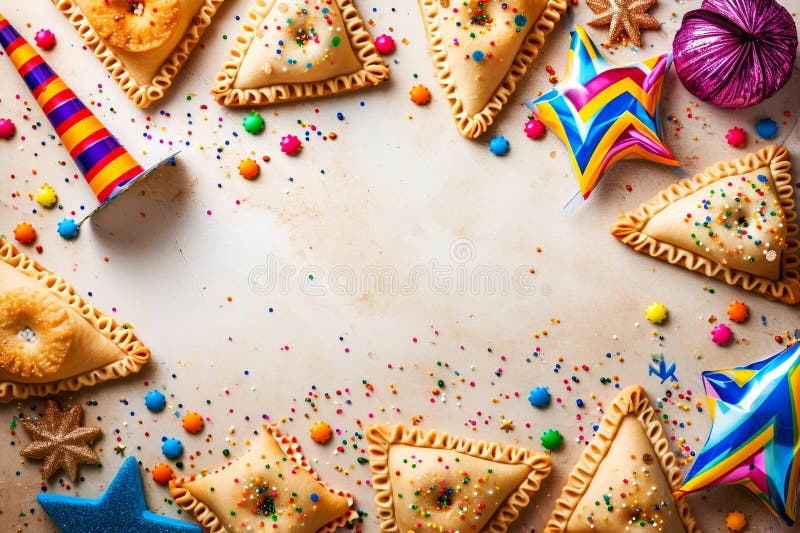 Festive Purim background, Purim attributes, triangular pies, Haman ears, traditional hamantaschen cookies. Postcard on a royalty free stock photography