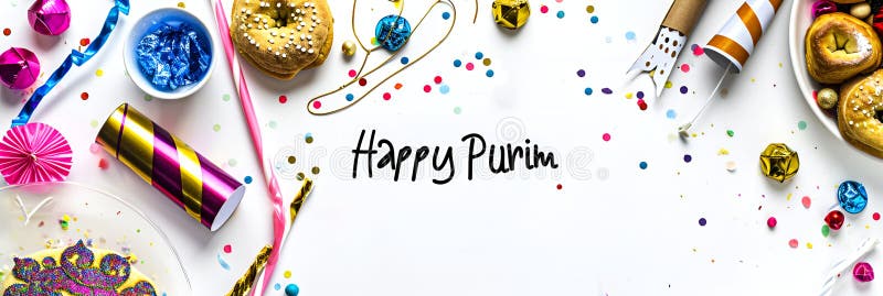 Festive Purim background, Purim attributes, triangular pies, Haman ears, traditional hamantaschen cookies. Postcard on a stock images
