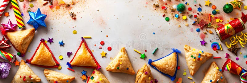 Festive Purim background, Purim attributes, triangular pies, Haman ears, traditional hamantaschen cookies. Banner on a royalty free stock photos