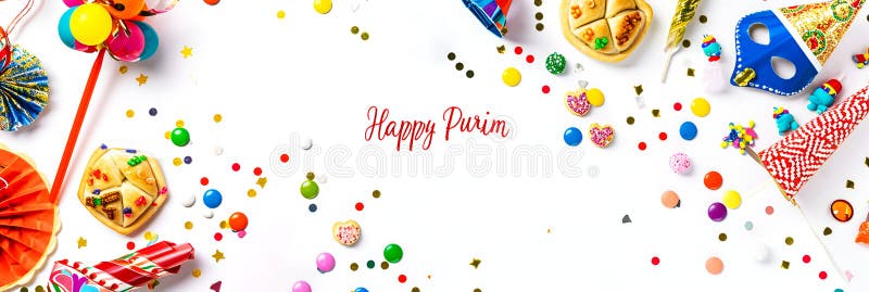 Festive Purim background, Purim attributes, triangular pies, Haman ears, traditional hamantaschen cookies. Banner on a stock photos