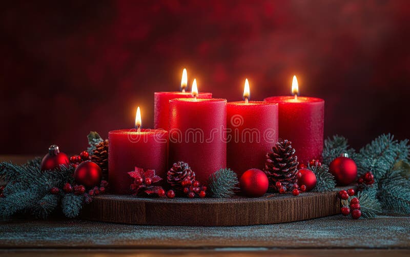 Festive Red Christmas Candles with Pine Cones and Baubles on Fourth Advent Celebration vector illustration