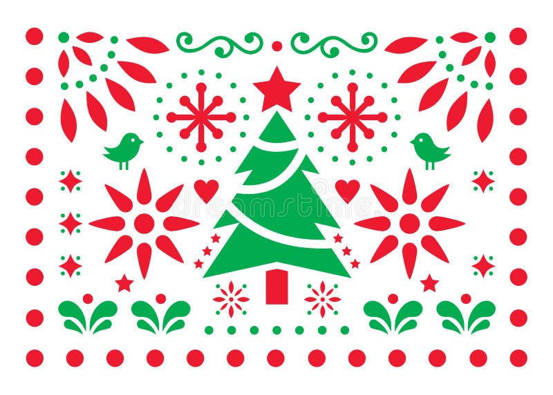 Merry Christmas Papel Picado vector design, Mexican Xmas greeting card, red and white paper decoration pattern