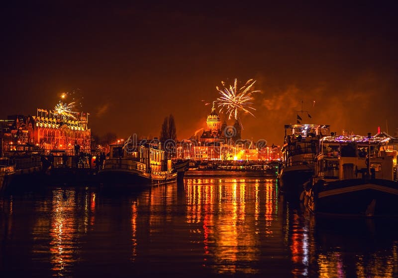 Festive salute of fireworks on New Year s night. On January 1, 2016 in Amsterdam - Netherland.