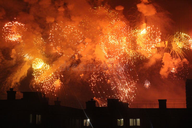 Festive Salute in the Night Sky / Red Lights in the Sky / Stock Photo Image of explosion