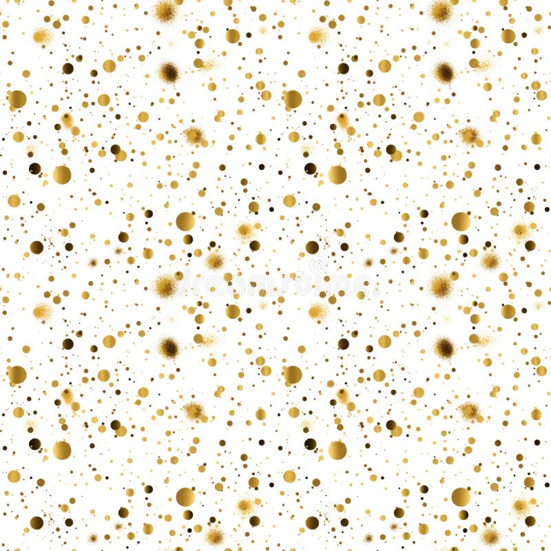 Festive Seamless Pattern. Small shiny gold drops, glittering golden blobs on white background. Paint splash. Spray stock image