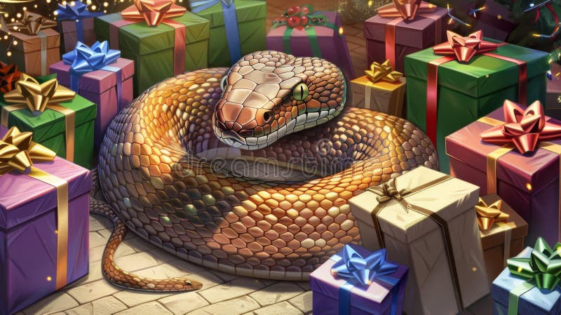 Festive Serpent Guardian amidst Colorful Gift Boxes stock photography