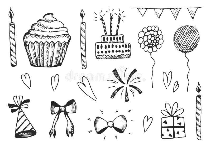 Festive set of objects vector sketches.