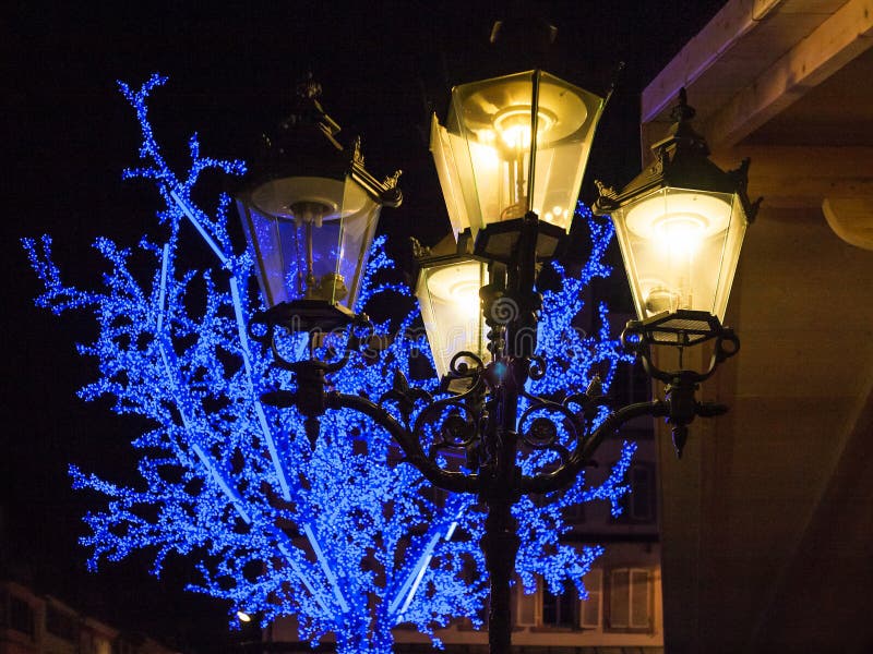 Festive street lanterns on Xmas fair in Strasbourg