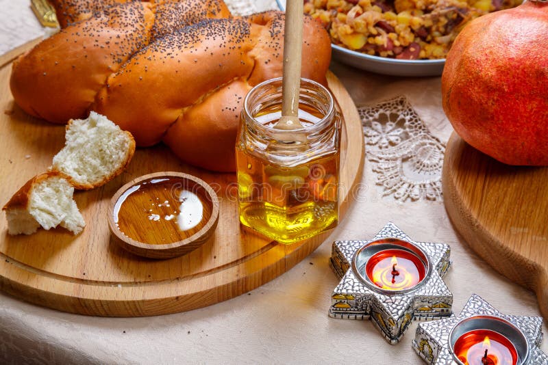 Festive Table Rosh Hashanah Challah Honey Apples Traditional Food and