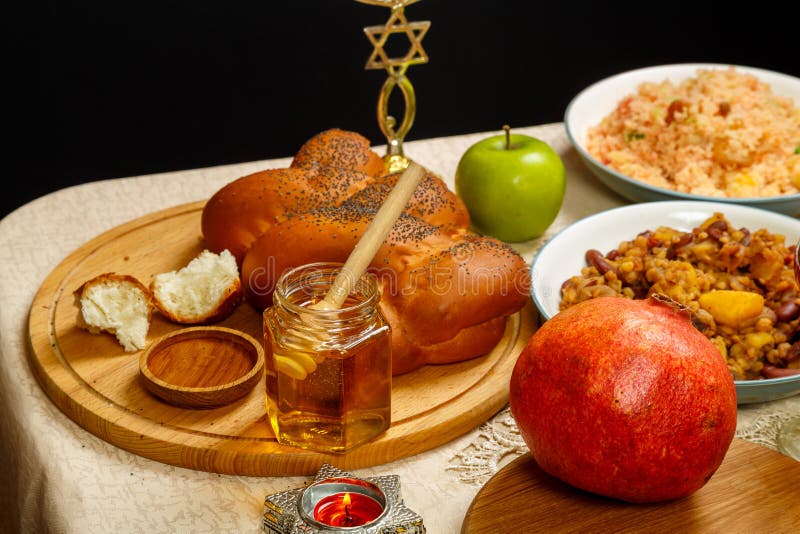 Festive Table Rosh Hashanah Challah Honey Apples Wine Pomegranate Traditional Food and Burning