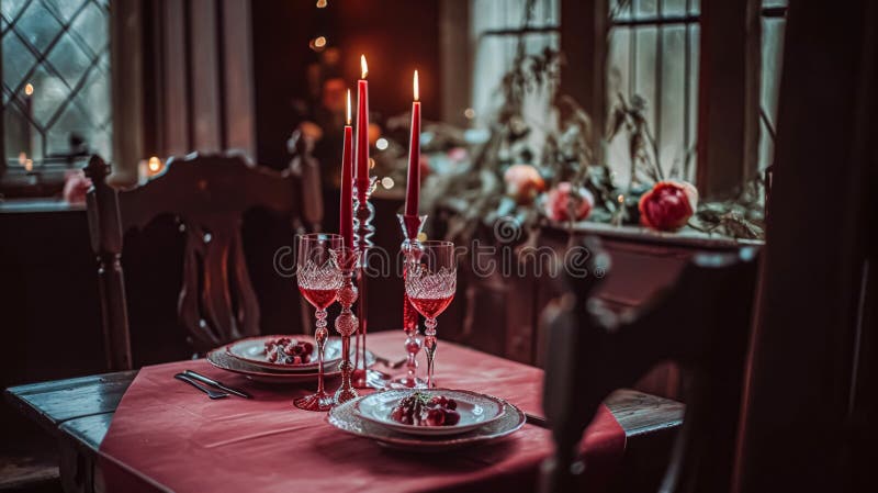 Festive Table Setting with Cutlery, Candles and Beautiful Red Flowers ...