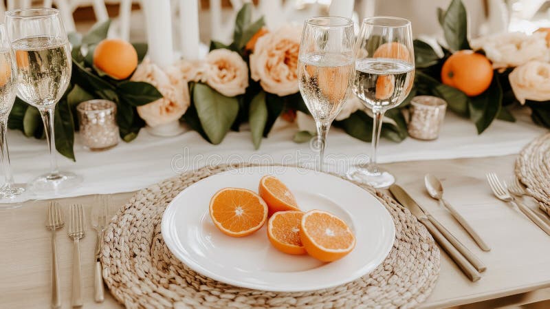 The festive table setting features a decorative plate filled with fresh oranges stock image