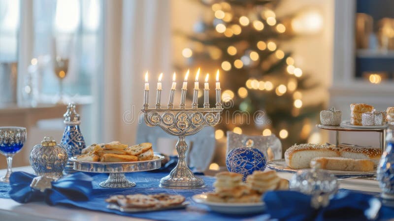 A Festive Table Setting with a Lit Menorah and Treats stock illustration