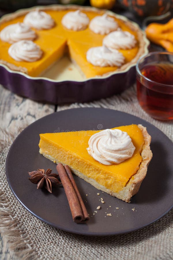 Thanksgiving Homemade Pumpkin Pie with Whipped Cream and Cinnamon on ...