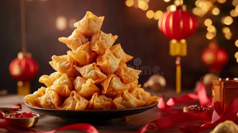 A Festive Tower of Golden Fried Wontons Stock Illustration ... A Festive Tower of Golden Fried Wontons Stock Illustration ...