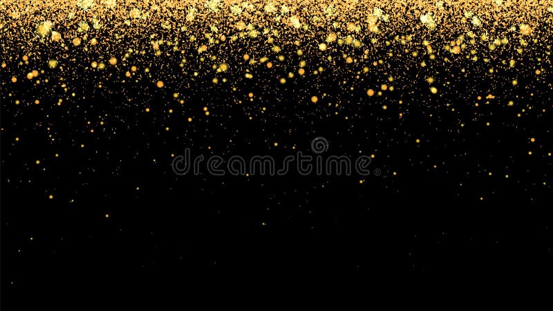 Festive vector background with gold glitter and confetti for christmas celebration. Black background with glowing golden