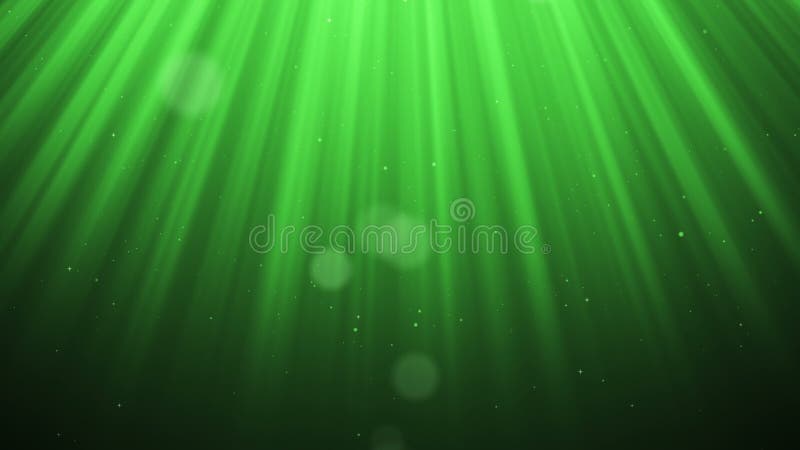 Festive volume light rays with glitter particles bokeh looped animated abstract cg motion green background. stock illustration