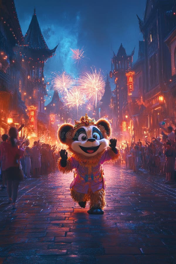 Festivities erupt during Chinese New Year as a panda mascot joyfully runs through a vibrant street, surrounded by stock photography