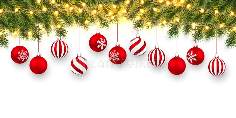 Festive Christmas or New Year Background. Christmas fir-tree branches with light garland and xmas red balls. Holiday`s Background. Vector illustration. Festive Christmas or New Year Background. Christmas fir-tree branches with light garland and xmas red balls. Holiday`s Background. Vector illustration.