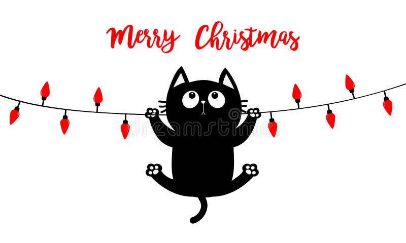 Festività natalizie. gatta appesa alla lampadina che incanala garland. set di luce di fiamma a corde colorate. forma conica. festi royalty illustrazione gratis