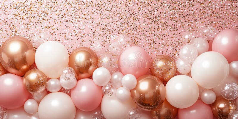 Festivt rosa och guldballonger med glittrande konetti-bakgrund arkivbilder